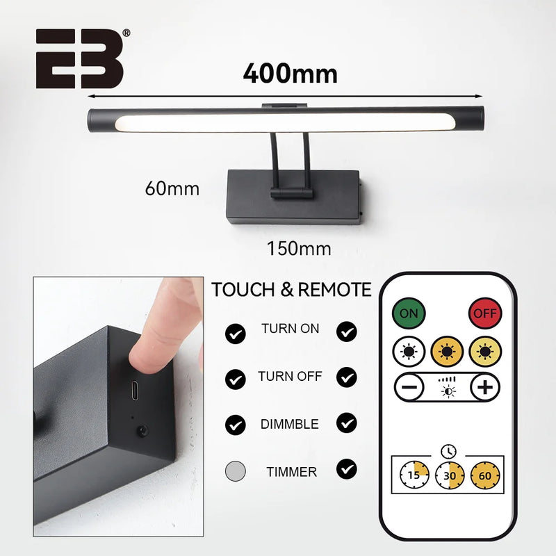 Luminárias de parede recarregáveis USB 5V 40cm Arandela de parede interna com escurecimento de três cores sem fio luz preta